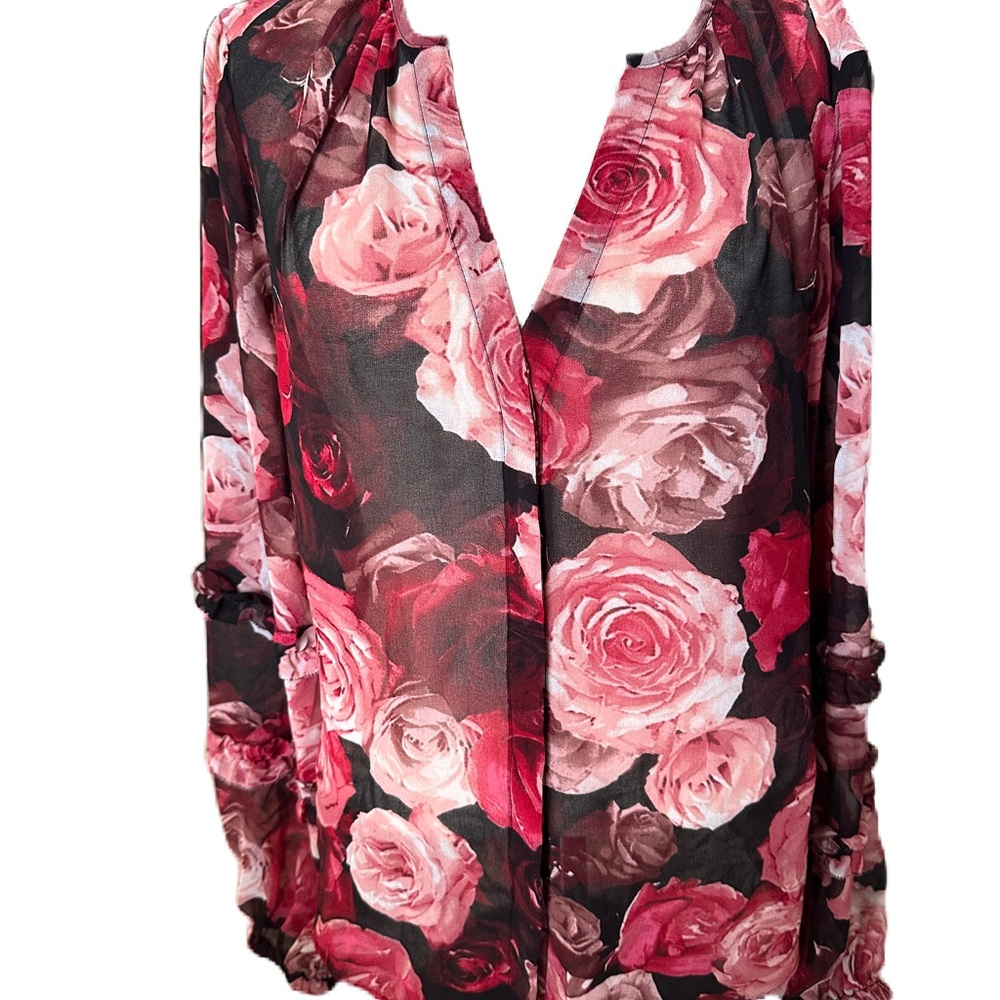White House Black Market Long Sleeve Ruffle Button Up Blouse, Romantic Rose. M